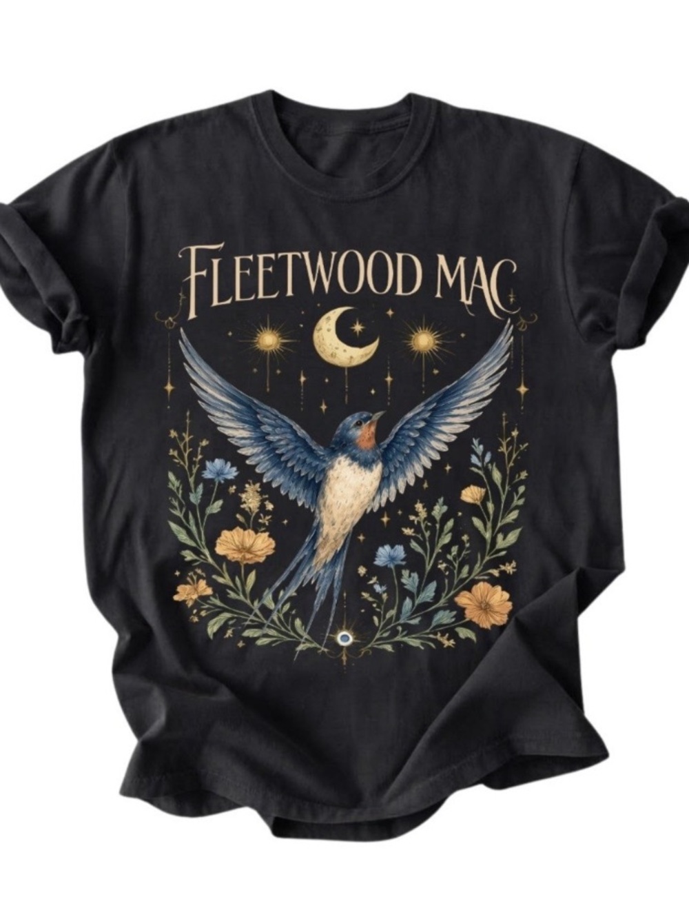 Black Fleetwood Mac Band Graphic Tee - Bird Flowers & Moon Motif